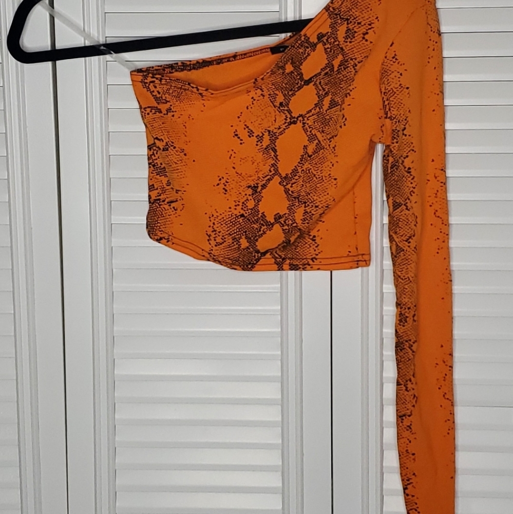 Black and Orange Snake Print One Shoulder Crop Top